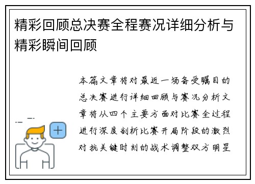 精彩回顾总决赛全程赛况详细分析与精彩瞬间回顾