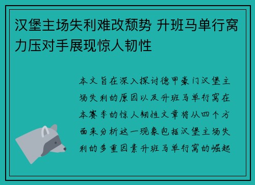 汉堡主场失利难改颓势 升班马单行窝力压对手展现惊人韧性