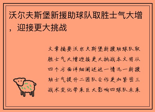 沃尔夫斯堡新援助球队取胜士气大增，迎接更大挑战
