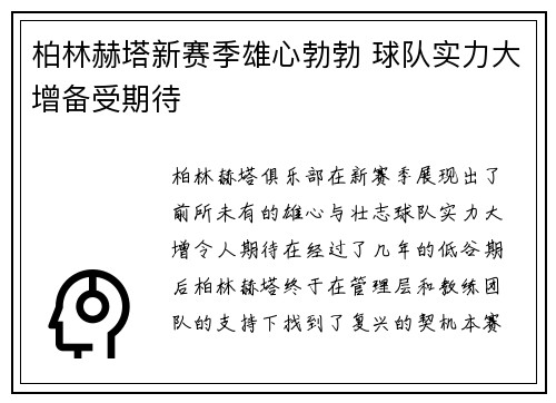 柏林赫塔新赛季雄心勃勃 球队实力大增备受期待