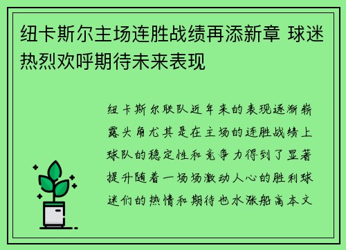 纽卡斯尔主场连胜战绩再添新章 球迷热烈欢呼期待未来表现
