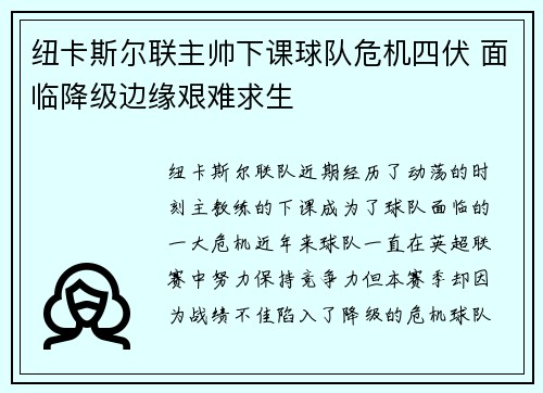 纽卡斯尔联主帅下课球队危机四伏 面临降级边缘艰难求生